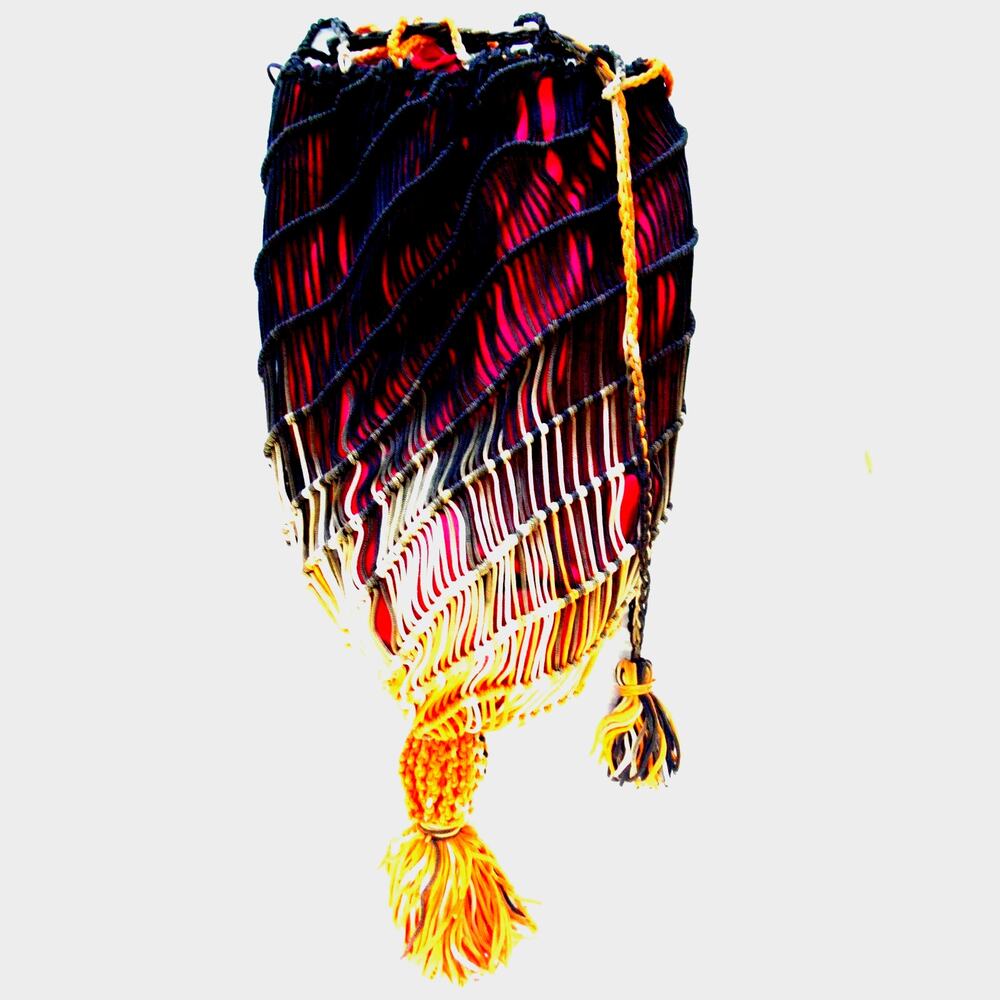 Rare Antique Crochet Flapper Bag Drawstring Purse Tassel Colorful Woven Cord